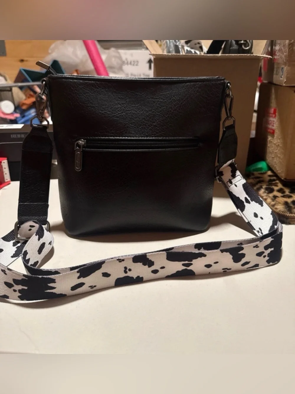 Wrangler Black with White Cow-Print Leather-Look Crossbody